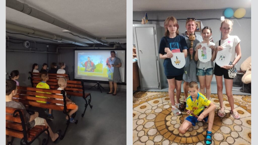 Учасники заходу переглядають мультимедійну презентацію; учасники зі своїми малюнками та атрибутами-булавами, - фотоколаж