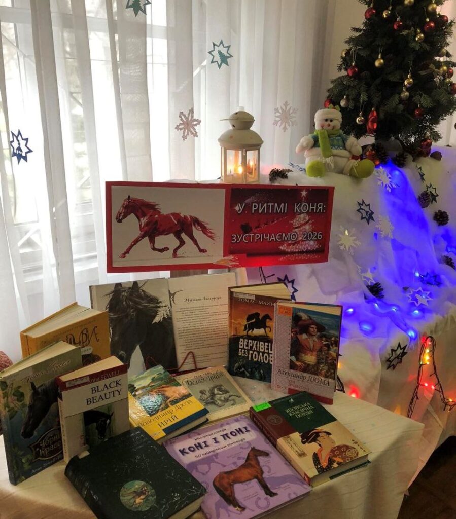 Світлина новорічної книжкової інсталяції в бібліотеці