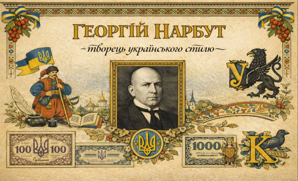 Постер заходу з портретом Георгія Нарбута та зразками його художнього стилю