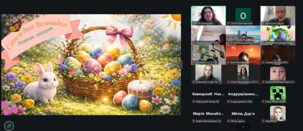 Скріншот екрану онлайн-заходу: титульний слайд з зображенням великоднього кошика, учасники зустрічі