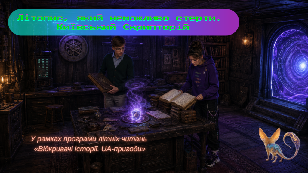 Обкладинка медіа-іграшки "Літопис, який неможливо стерти. Київський Скрипторій" до літньої програми "Відкривачі історії: UA-пригоди"