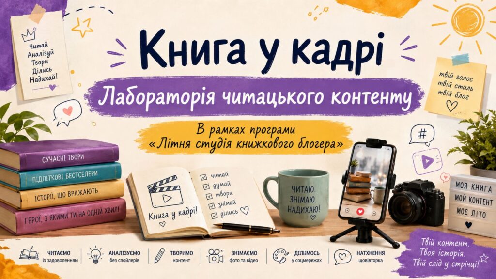 Обкладинка презентації до практикуму в літній студії книжкового блогера - "Книга у кадрі"