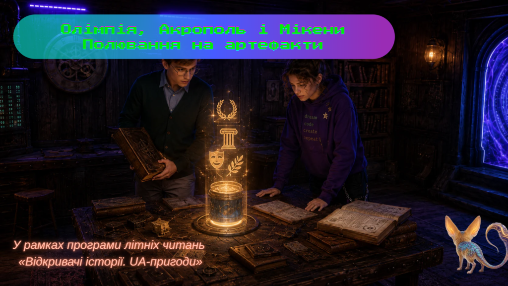 Обкладинка медіа-іграшки "Олімпія, Акрополь і Мікени" до літньої програми "Відкривачі історії: UA-пригоди"