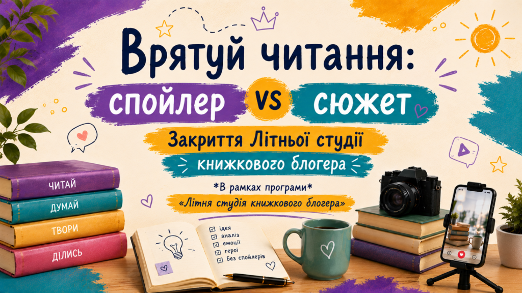 Обкладинка презентації до підсумкового практикуму в літній студії книжкового блогера "Врятуй читання: спойлер vs сюжет"