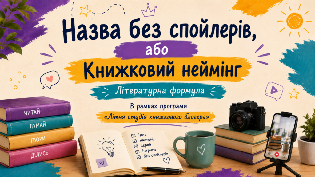 Обкладинка презентації до практикуму в літній студії книжкового блогера - "Назва без спойлерів"
